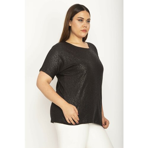 Şans Women's Plus Size Black Flocked Fabric Self Patterned Low Sleeve Blouse Slike
