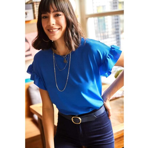 Olalook Women's Saks Blue Sleeve Frilly Camisole T-Shirt Slike
