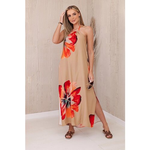Kesi Women's viscose dress with ties around the neck - beige camel Cijene