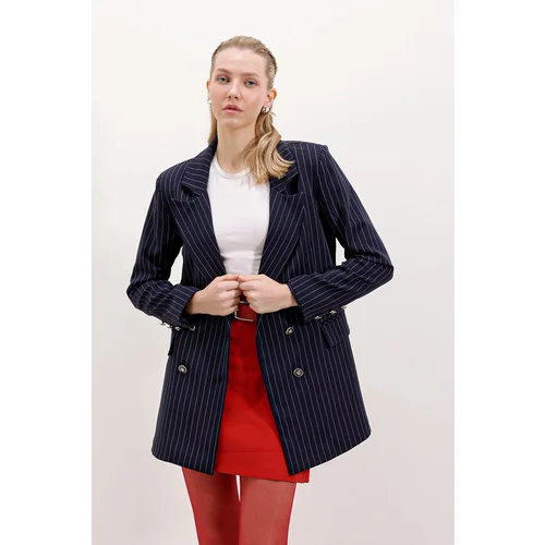 Bigdart Women's Navy Blue Double Buttoned Striped Blazer Jacket 0699