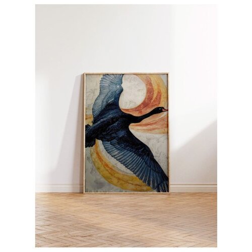 Wallxpert uramljena slika 115235, crni labud u letu ispred zlatnonarandžastih krugova, 30 x 40 cm, ram u boji prirodnog drveta Slike
