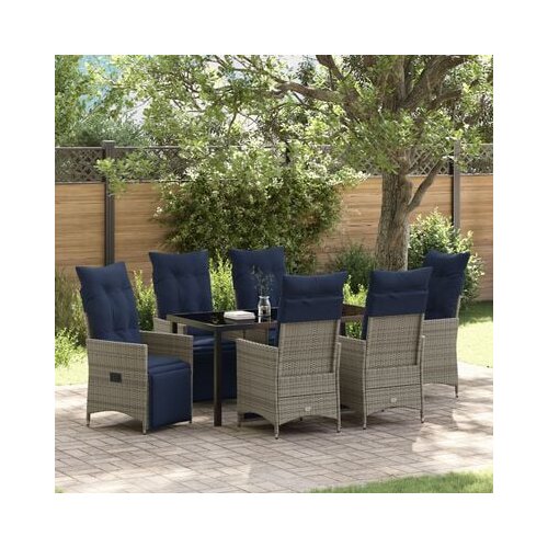VidaXL blagovaonski set od 7 komada s jastučićima sivi poli ratan, vrtni stol crna 160x80x73 cm od kaljenog stakla Slike