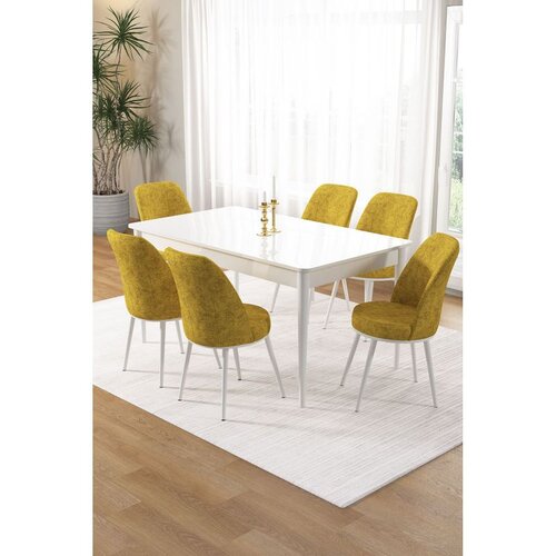 Hanah home trpezarijski set Pir, sto i 6 stolica, bela ploča, senf žuta tkanina Babyface Cene