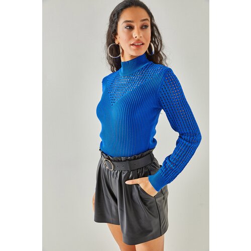 Olalook Women's Saxe Blue Roba Sleeve Openwork Half Turtleneck Knitwear Sweater Slike