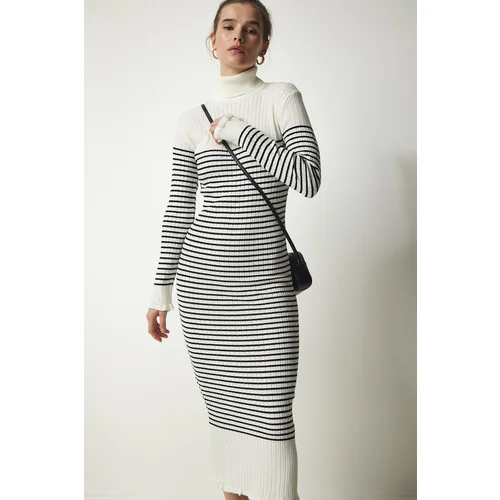  Women's Ecru Turtleneck Striped Sweater Dress