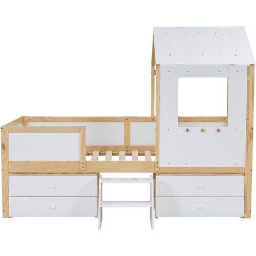 Lumor Postelja v obliki hiške 90x200 cm z varnostno ograjo, 4 predali, stopnicami, iz borovega lesa in MDF - bela, (22155775) Cene