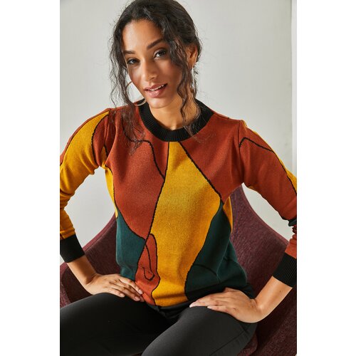 Olalook Women&amp;#039;s Tan Patterned Cotton Knitwear Sweater Slike