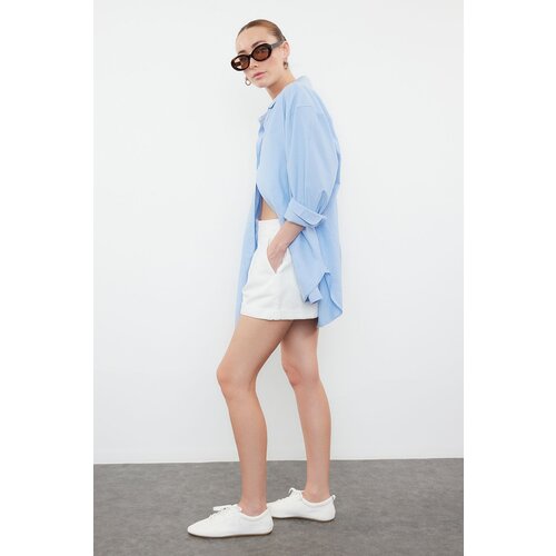 Trendyol White Pleated Hem Fold High Waist Denim Shorts Cene