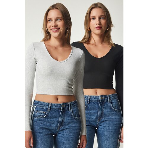 Happiness İstanbul Women's Gray Black V-Neck 2-Pack Crop Knitted Blouse Slike