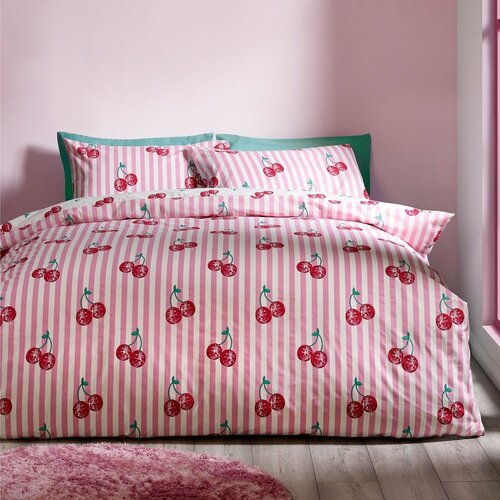 Catherine Lansfield Bijela/ružičasta posteljina za bračni krevet 200x200 cm Disco Cherries Stripes &amp;ndash; Slike