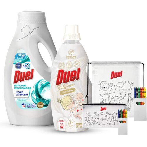 Duel set tečni deterdžent strong whiteness, 855ml + omekšivač baby care, 800ml + dečiji ranac sa bojicama + dečija pernica sa bojicama Cene