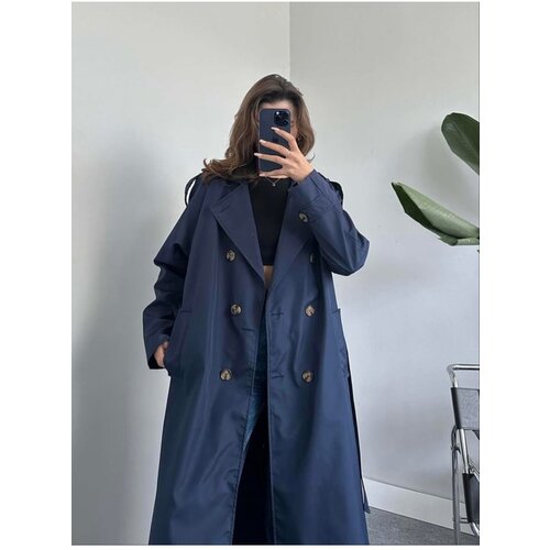 Laluvia Navy Blue Button Detailed Belted Long Trench Coat Cene