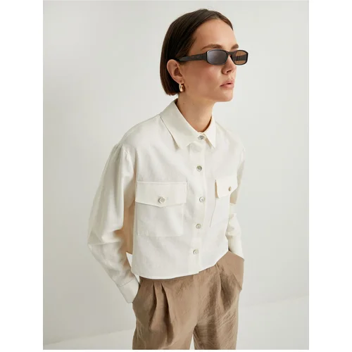  Crop Shirt Linen Blend Long Sleeve Pocket Buttoned