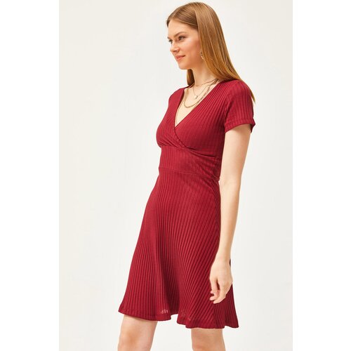 Olalook Women's Burgundy Double Breasted Collar Short Sleeve Mini Flared Dress Slike