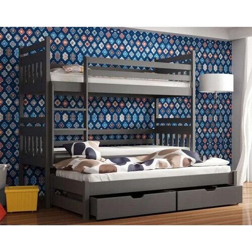 Molarem Home Drveni dječji krevet na kat Seweryn s tri kreveta i ladicom - grafit - 180x80 cm - Madrac PE pjena 8 cm-spužvasti madrac Cijene