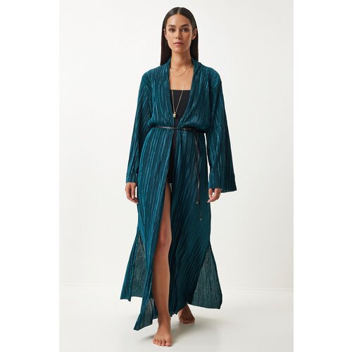 Happiness İstanbul Women's Dark Green Leather Belted Pleated Long Kimono Slike