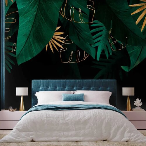  Foto tapeta - Jungle and composition - motif of green and golden leaves on a black background 245x175 Slike