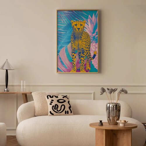  Plakat - Exotic Leopard - colorful portrait of a cheetah against tropical leaves 21x30 Zlatni okvir Slike