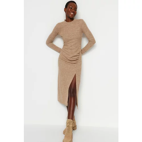 Trendyol Beige Crew Neck, Soft Midi Slit and Collect Detail Fitted Knitted Dress