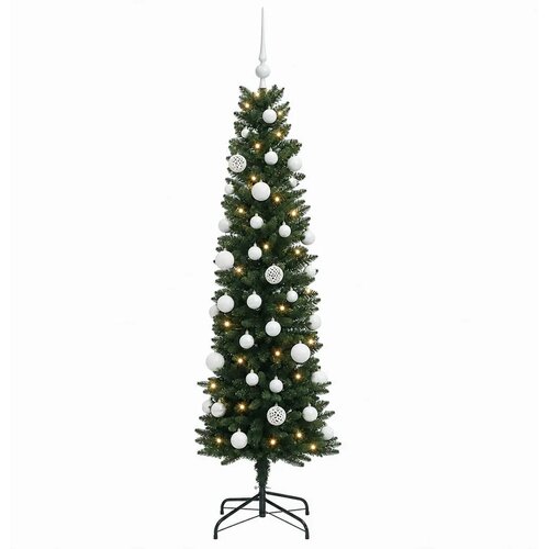  Umjetno usko božićno drvce s kuglicom 120 cm 150 LED lampica - 120 cm s LED žaruljama i bijelim kuglicama Zelena Slike