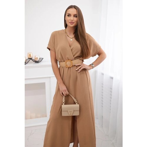 Kesi Włoski Long dress with a decorative belt Camel Slike