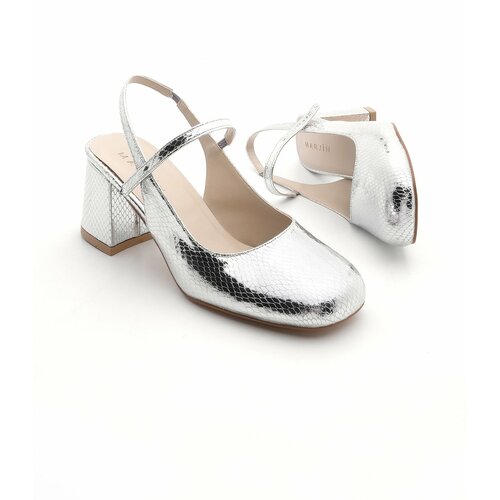 Marjin Women's Heeled Square Toe Open Back Thick Heeled Mary Jane Shoes Nesve Silver Slike