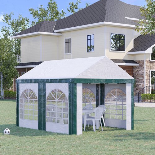Outsunny Šotor za vrtne zabave iz jekla, PE in PVC za do 12 oseb z dvojnim vhodom, vključeni drogovi in vrvi, 400x295x285 cm, bel in zelen, (20744466) Cene