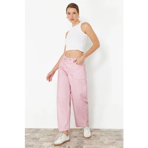 Trendyol Pink Striped High Waist Barrel Jeans