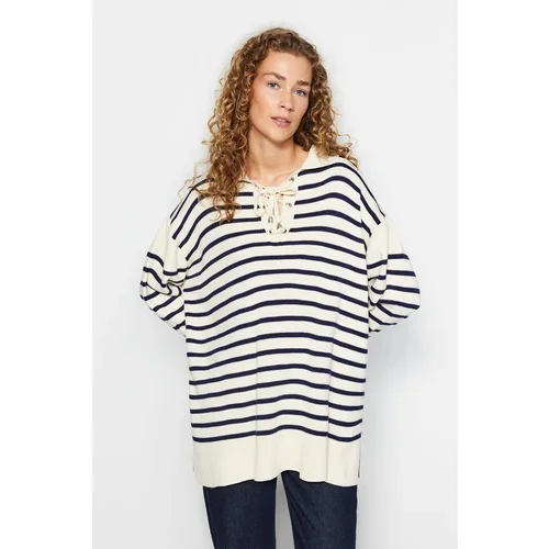 Trendyol Beige Comfortable Fit Striped Knitwear Sweater