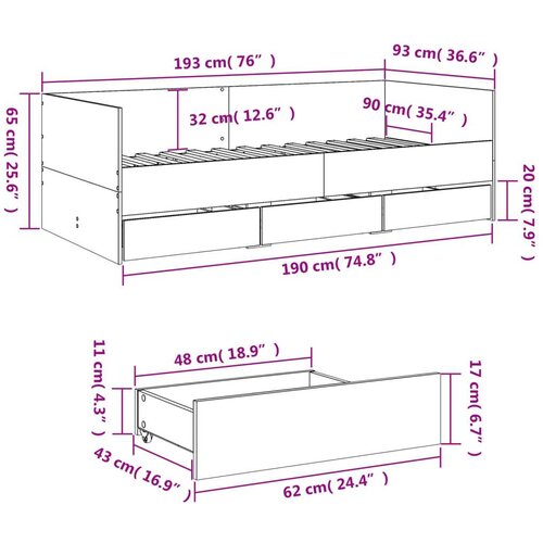 VidaXL Dnevni krevet s ladicama boja sivog hrasta 90 x 190 cm drveni Slike