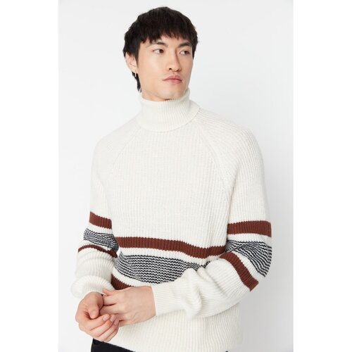 Trendyol Ecru Men's Slim Fit Turtleneck Line Detailed Knitwear Sweater Slike