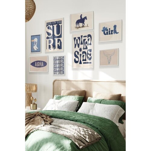 Wallxpert set od 8 uramljenih slika &Ccedil;gs-009, plavi kaubojski i surf motivi &ndash; wild side, cowgirl, aloha i lobanja bika, beli ram Cene