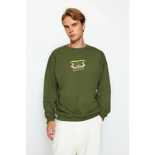 Trendyol Khaki Men's Oversize/Wide-Cut Animal Print Fleece Internal Sweatshirt
