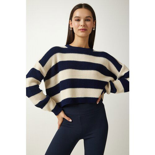 Happiness İstanbul Women's Navy Blue Cream Striped Crop Knitwear Sweater Slike