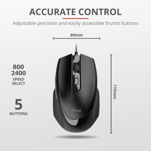 Trust Voca Comfortable mi&scaron; žičani, easy-to-use, crni,800-2400 DPI, optički, 6 tipki, usb 2.0 Cijene