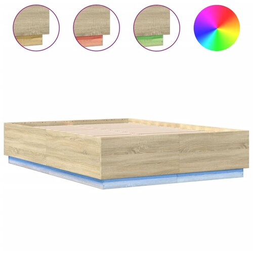 Maison Chic Posteljni okvir - Dvoposteljna postelja - Zakonska postelja z LED lučkami sonoma hrast 150x200 cm inž. les, (21696416) Slike
