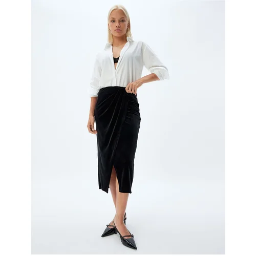 Koton Double Breasted Velvet Skirt Midi Length Asymmetrical Slim Fit