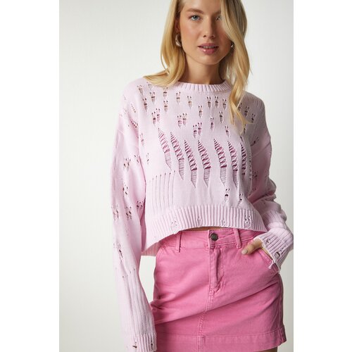Happiness İstanbul Women's Light Pink Ripped Detailed Knitwear Sweater Slike