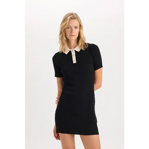 Defacto A-Line Polo Neck Basic Plain Ribbed Look Viscose Short Sleeve Mini Dress