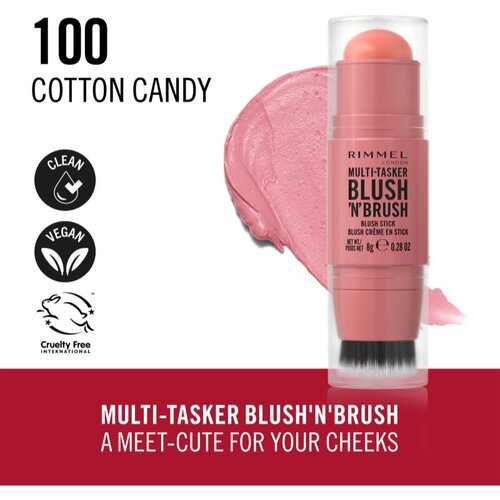 Rimmel London Multi-Tasker Blush&amp;#039;N&amp;#039;brush rdečilo v paličici s čopičem odtenek 100 Cotton Candy 8 g Slike