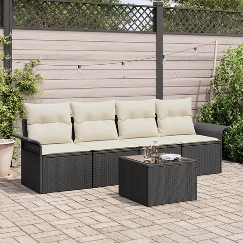 VidaXL set vrtnih sofa od 5 dijelova s jastučićima crni poli ratan, 2-sjedalna vrtna sofa s pohranom i jastučićima crni poli ratan Slike