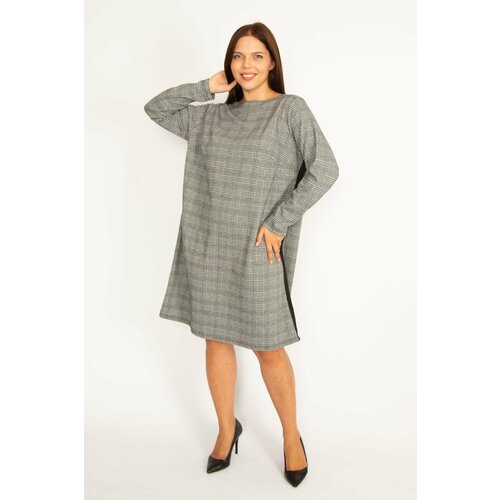 Şans Women's Plus Size Gray Checkered Side Stripe Detailed Dress Cene