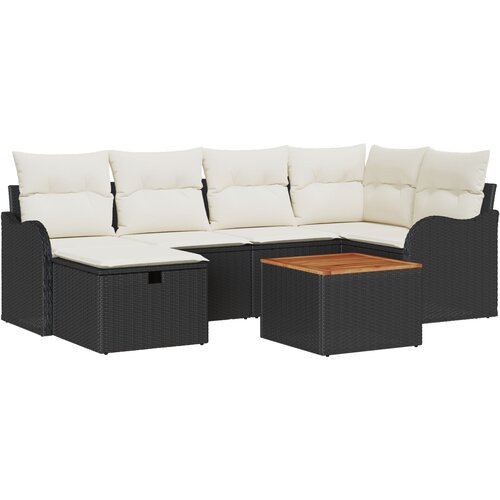vidaXL 7-dijelni vrtni sofa set s jastučićima Crna Poli ratan, 2-sjedalna vrtna sofa s pohranom i jastučićima Crna Poli ratan Cene