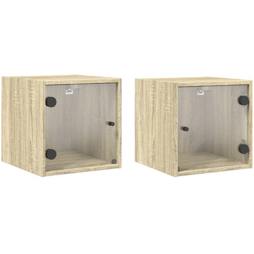  Noćni ormarići staklena vrata 2 kom boja hrasta 35x37x35 cm Slike