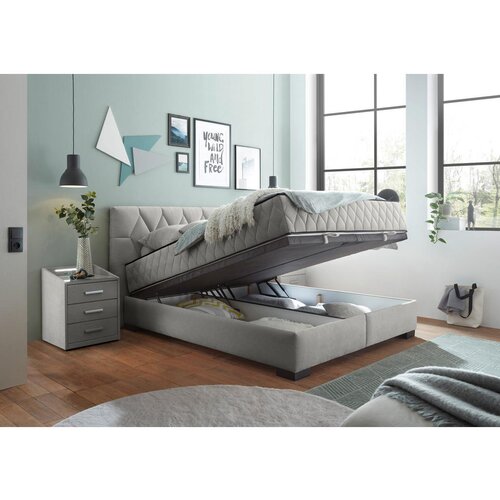 MID.YOU POSTELJA Z VZMETNICO 160 cm x 200 cm , tekstil, leseni material svetlo siva Slike