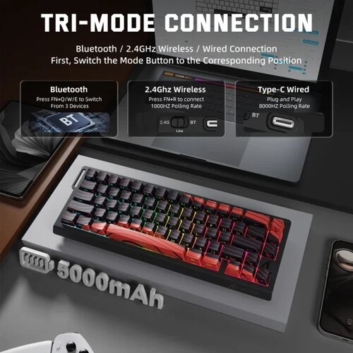 Attack Shark Bežična gaming tastatura X68Pro HE Magnetic Swith/8KHz/TriMode/RT/SnapTap/Black red Slike