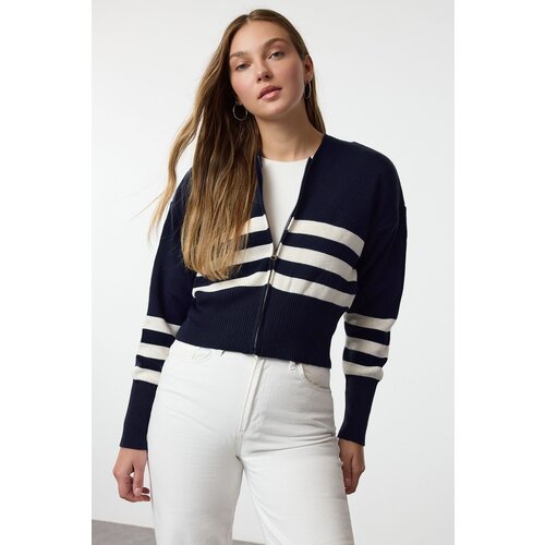  Navy Blue Hooded Zippered Knitwear Cardigan Cene