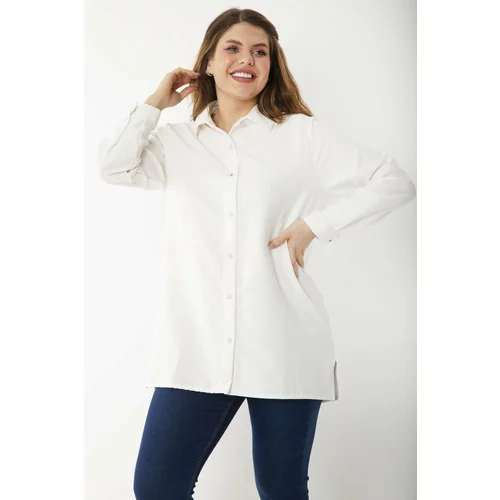 Şans Women's Plus Size Bone Self Striped Metal Button Long Sleeve Shirt