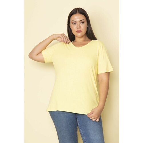 Şans Women's Plus Size Yellow Cotton Fabric V-Neck Short Sleeve Blouse Slike