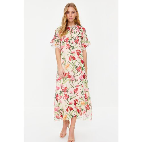 Trendyol Ecru Floral Sleeve and Collar Detailed Lined Chiffon Evening Dress Slike